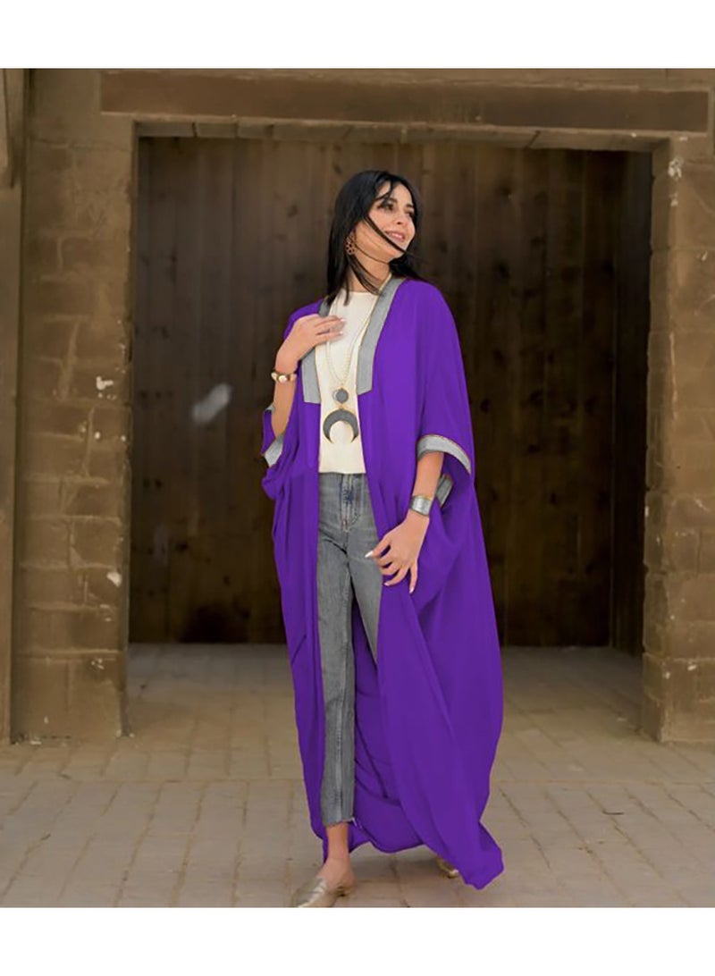 SunSet Kaftan Abaya Silver Embroidered Chiffon Sunset PURPLE - Image 3